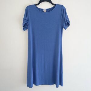 Chicos Knit Tshirt Dress Womens Size S Midi A Line Blue Short Sleeves Stretch